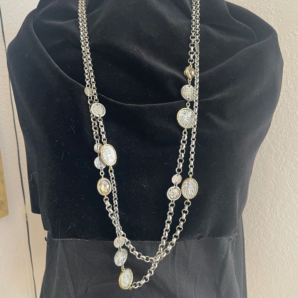 Chico's Convertible Long Double Silver Tone Necklace with Coins-Vintage